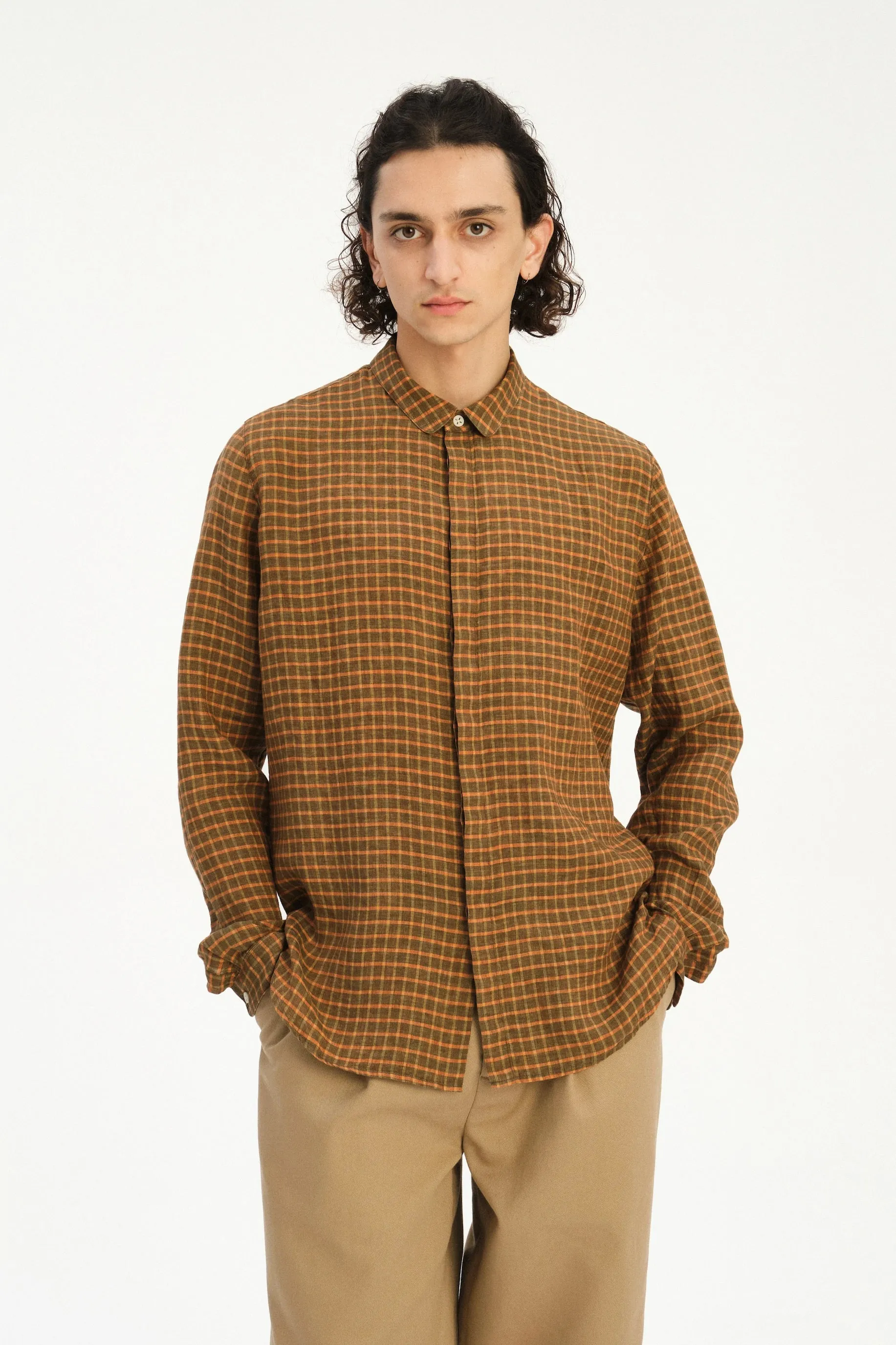 Cute Round Collar Shirt in an Orange and Brown Check Italian Linen sold by Delikatessen product image thumbnail 3