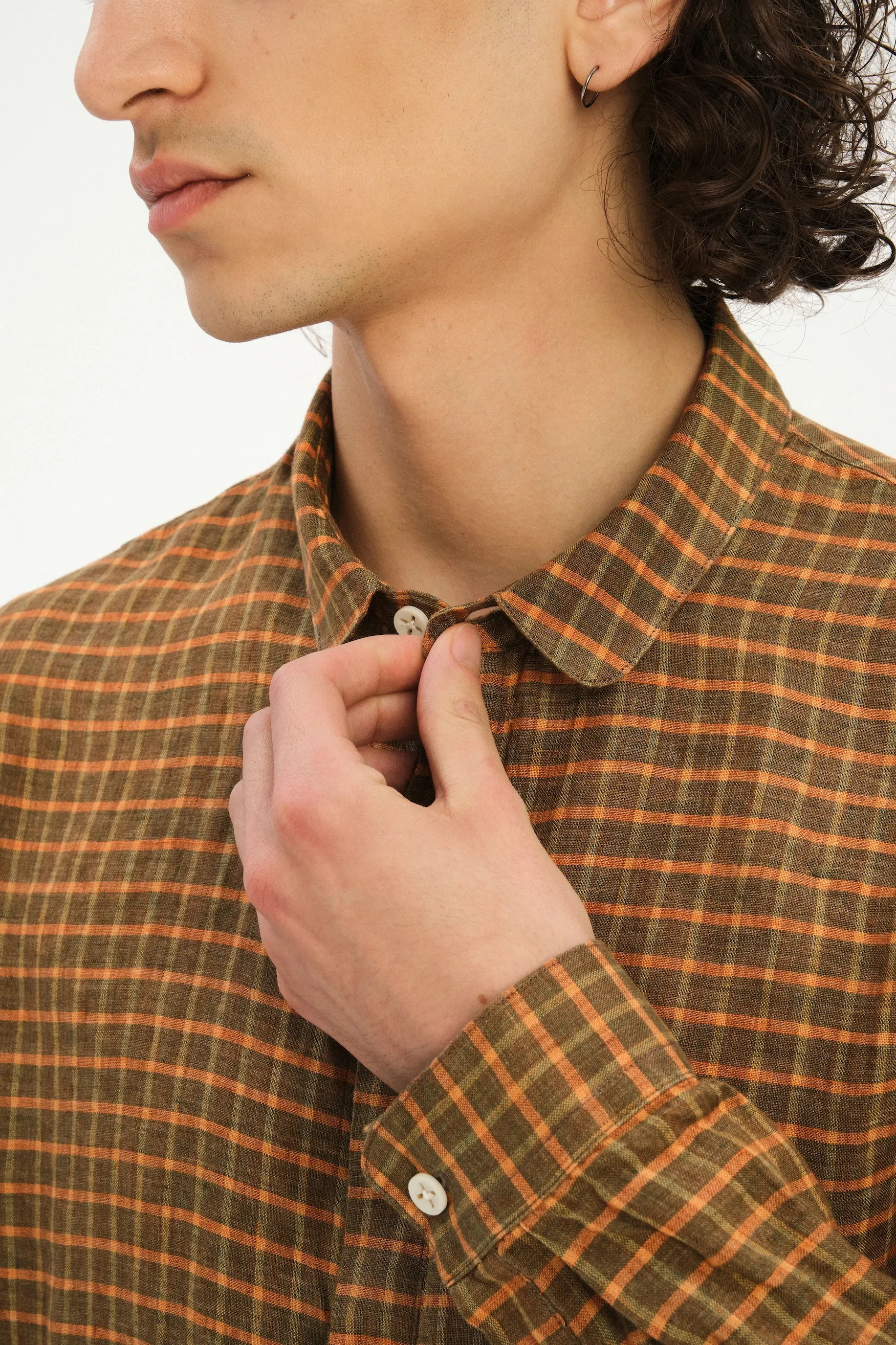 Cute Round Collar Shirt in an Orange and Brown Check Italian Linen sold by Delikatessen product image thumbnail 2