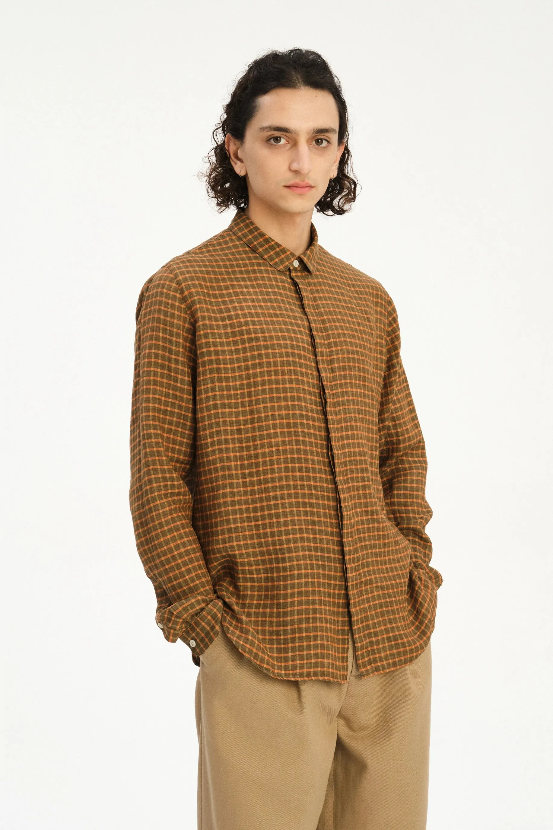 Cute Round Collar Shirt in an Orange and Brown Check Italian Linen sold by Delikatessen product image thumbnail 4