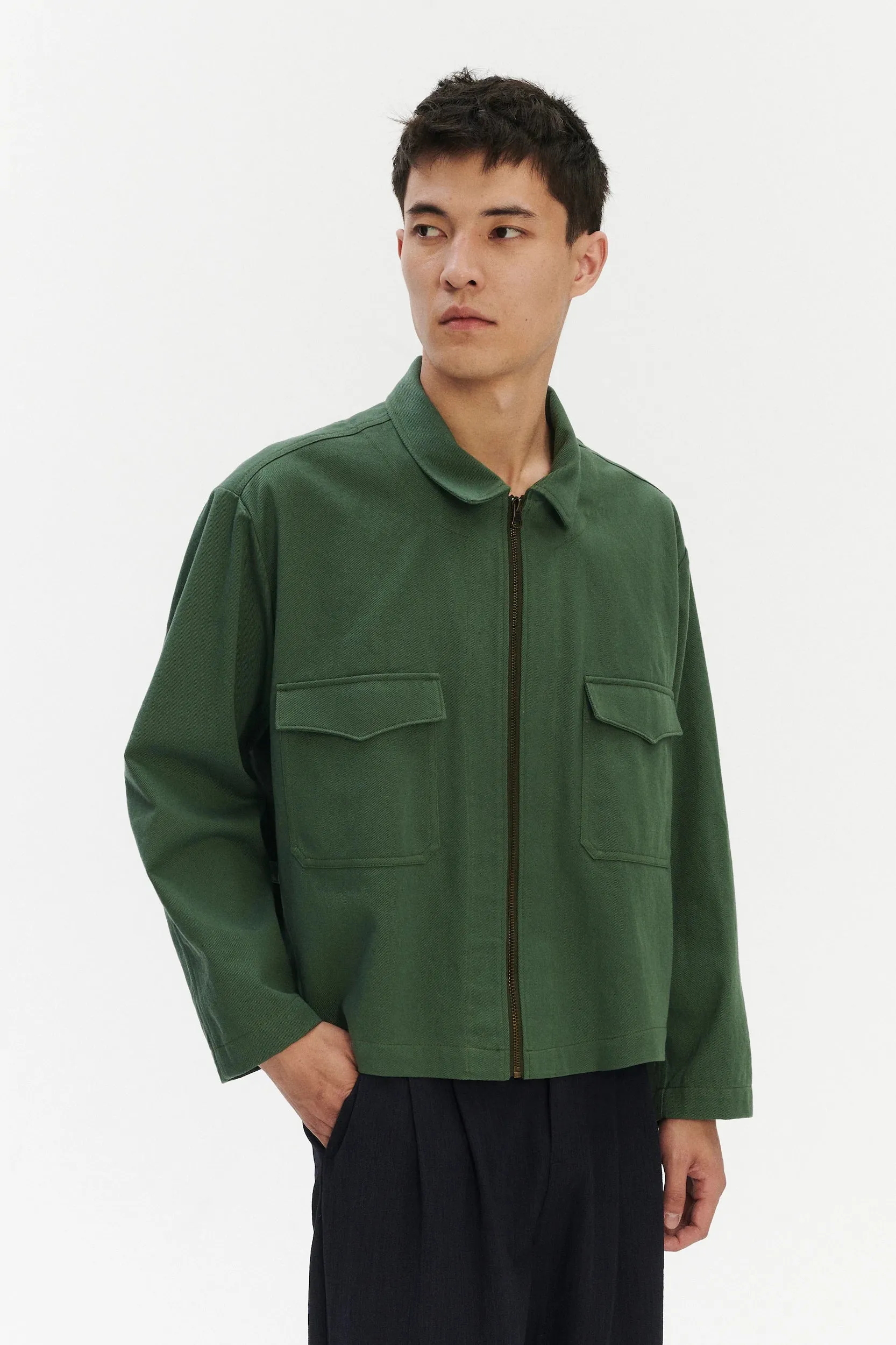 Palermo Workwear Jacket in an Opulent Green Japanese Cotton sold by Delikatessen product image thumbnail 2