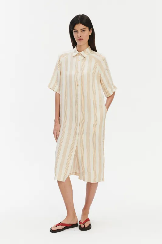 Dress in a Cream White and Beige Fine Striped Pure Italian Linen made by Delikatessen