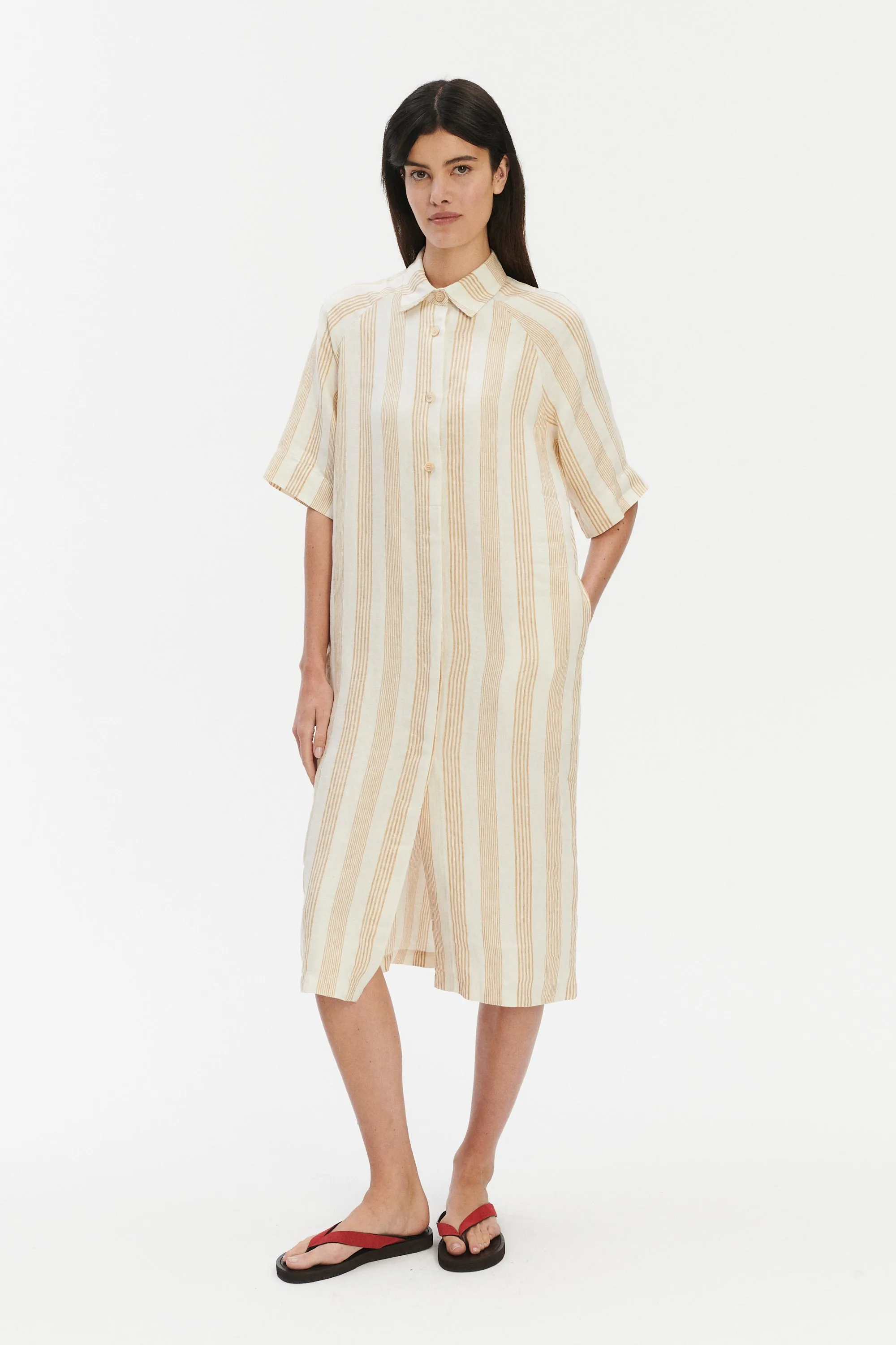Dress in a Cream White and Beige Fine Striped Pure Italian Linen sold by Delikatessen