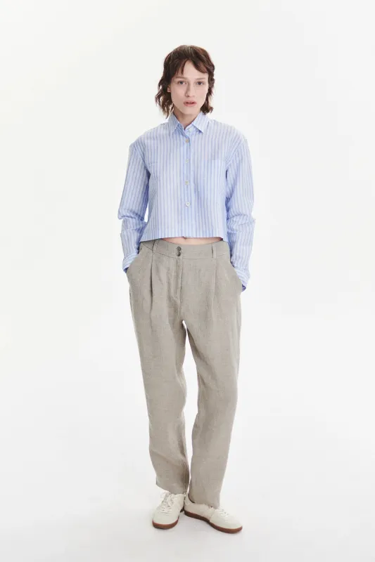 Relaxed Cropped Shirt in a Light Blue Soft Tonal Stripe Portuguese Cotton and Linen made by Delikatessen