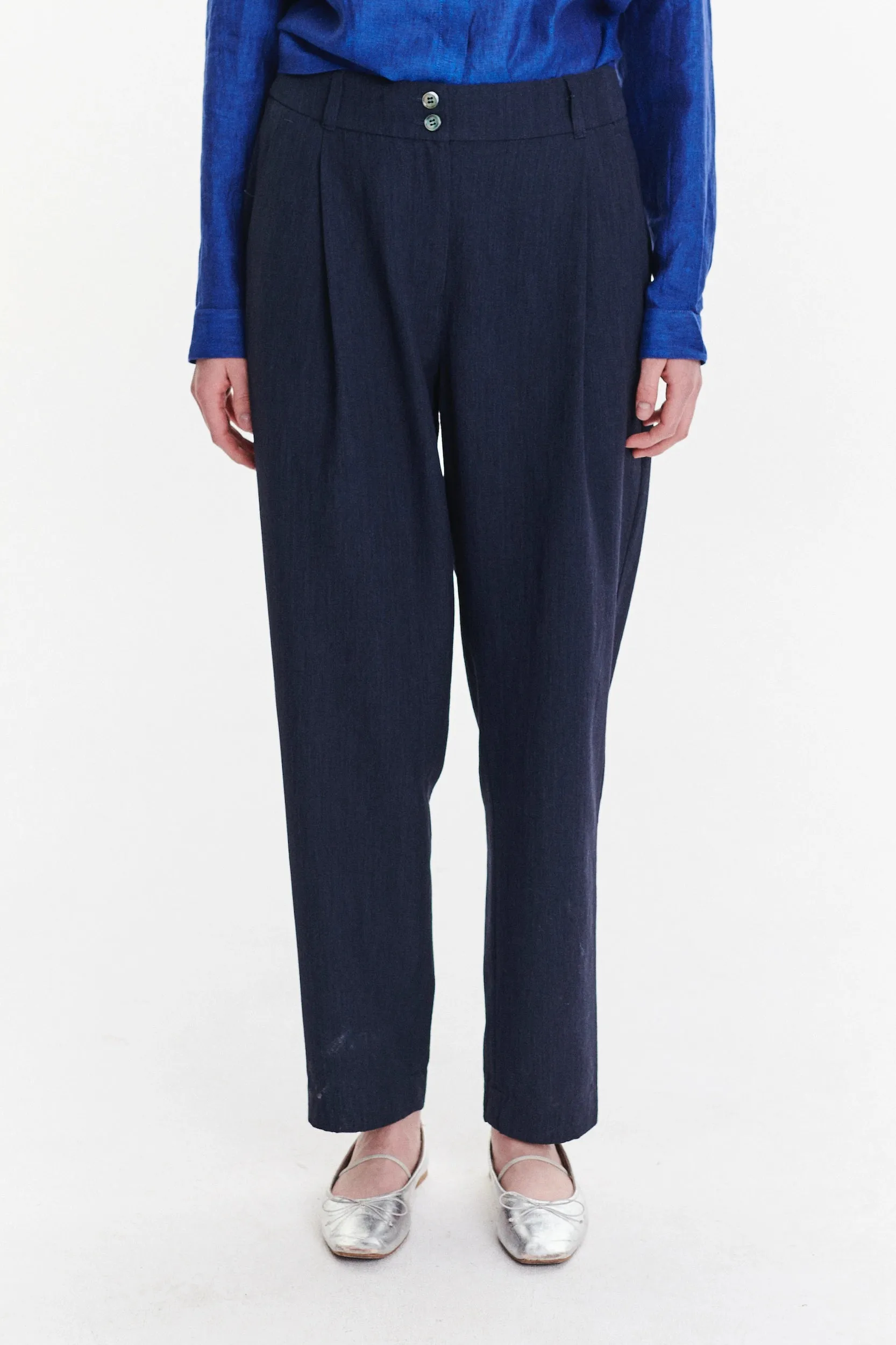 Genuine Trousers in a Navy Blue Fluid Mix of Italian Summer Wool and Viscose sold by Delikatessen