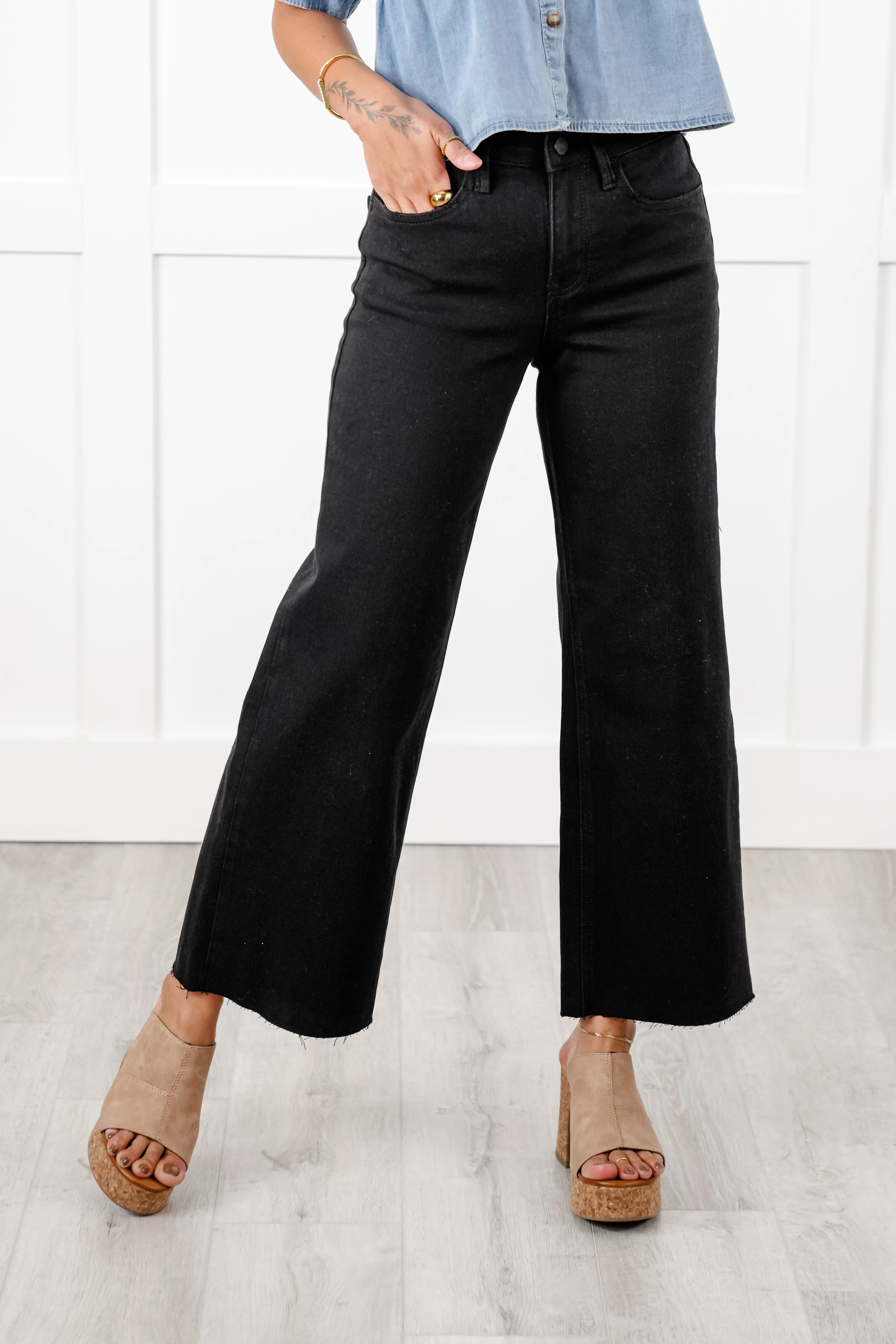 Lovervet High Rise Black Cropped Wide Leg Jeans with Raw Hem sold by Freckled Poppy product image thumbnail 2