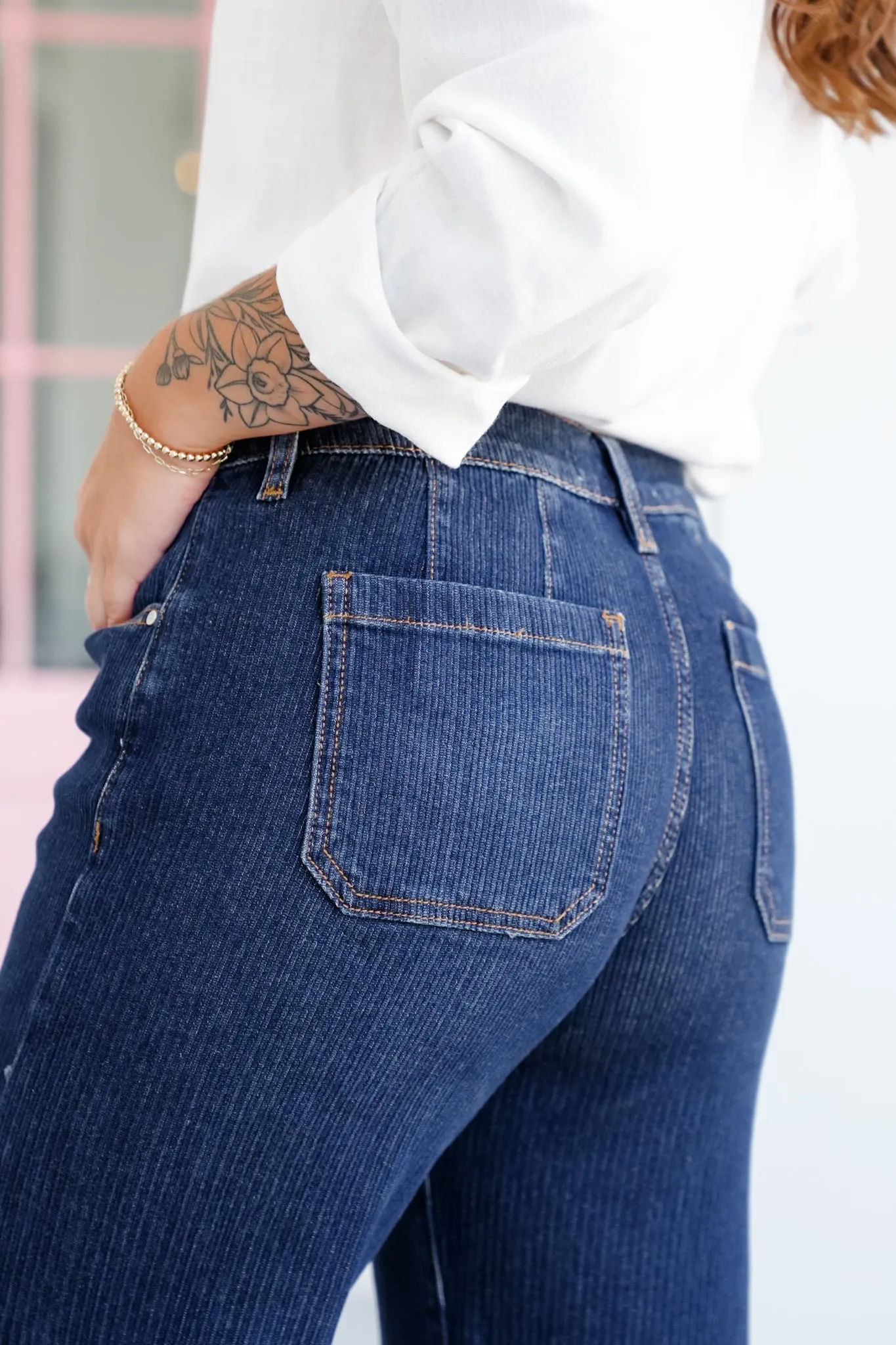 Risen Poppy Lane Mid Rise Dark Wash Wide Leg Jeans with Wide Hem sold by Freckled Poppy product image thumbnail 4