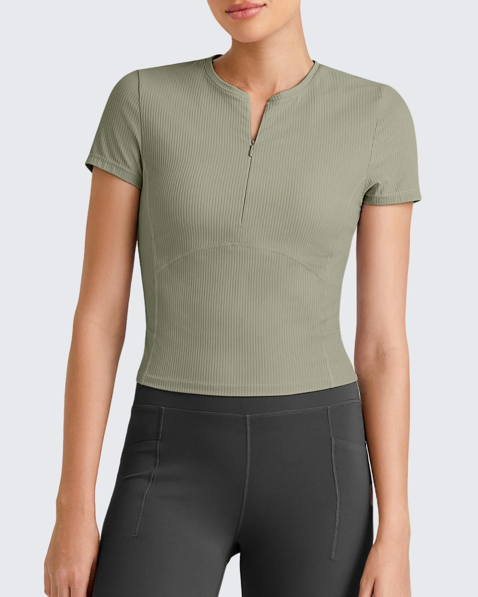 Ribbed Half Zip Slim Work Out Short Sleeve sold by G4free product image thumbnail 2