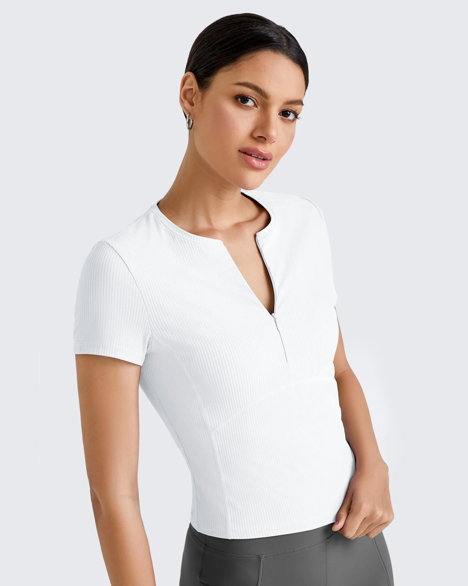 Ribbed Half Zip Slim Work Out Short Sleeve sold by G4free product image thumbnail 4