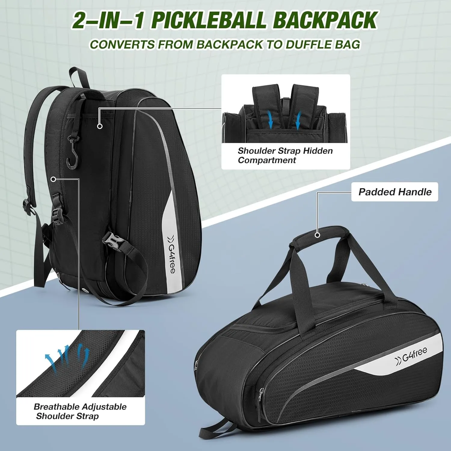 G4Free 2-in-1 Pickleball Bag Pickleball Backpack Pickle Ball Bag Holds 4+ Paddles with Fence Hook Thermal Insulation Compartment sold by G4free product image thumbnail 3