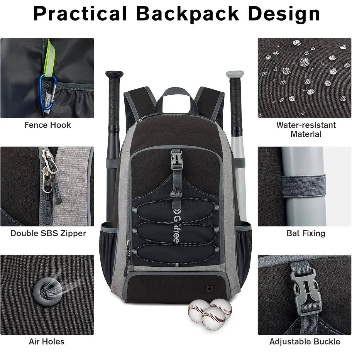G4Free Baseball Bag, Softball Backpack with Shoe Compartment, Large Bat Backpack with Fence Hook sold by G4free product image thumbnail 3