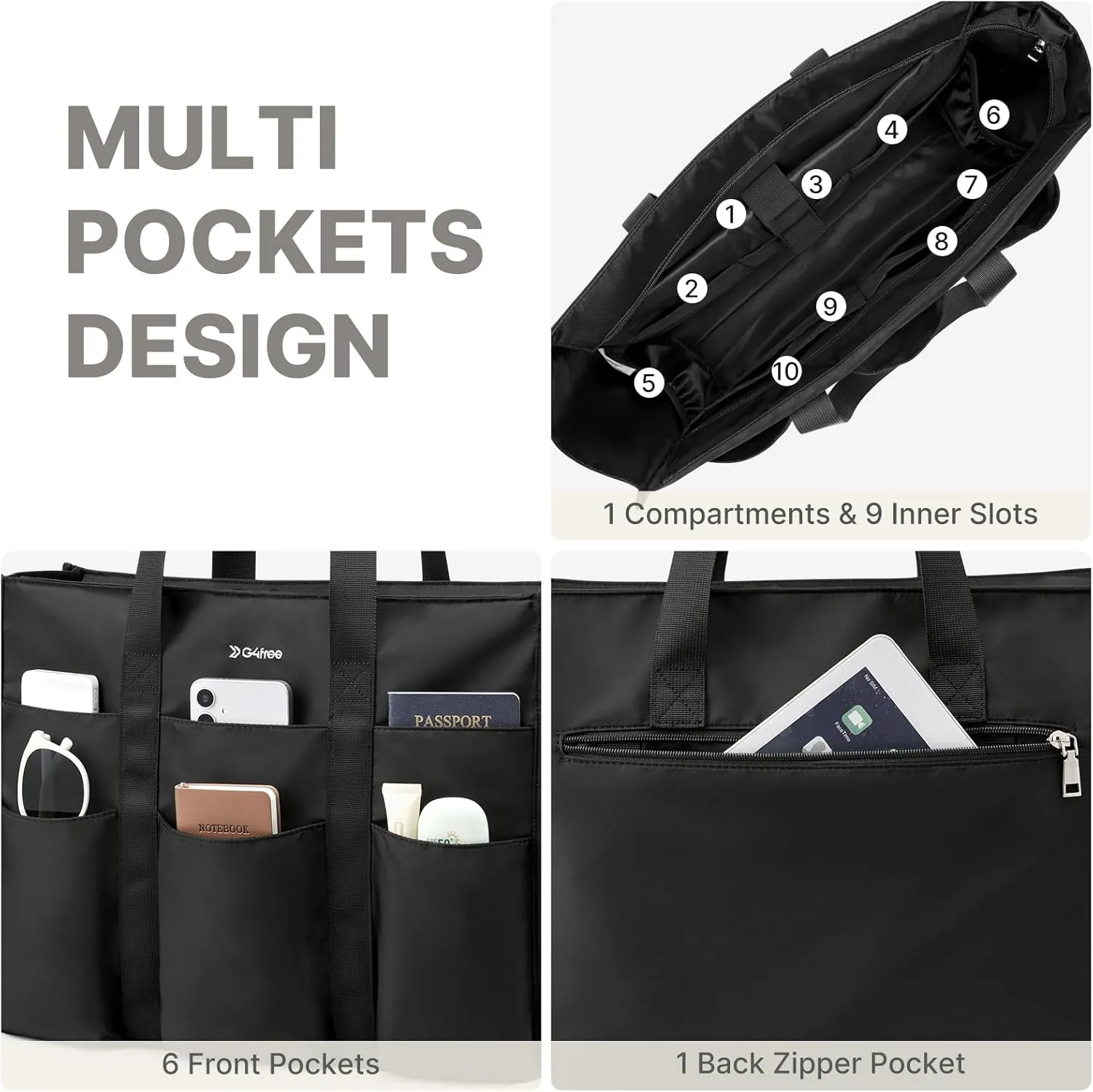 G4Free Tote Bag, Multi-Compartment Large Capacity with Zipper Top Handle sold by G4free product image thumbnail 4