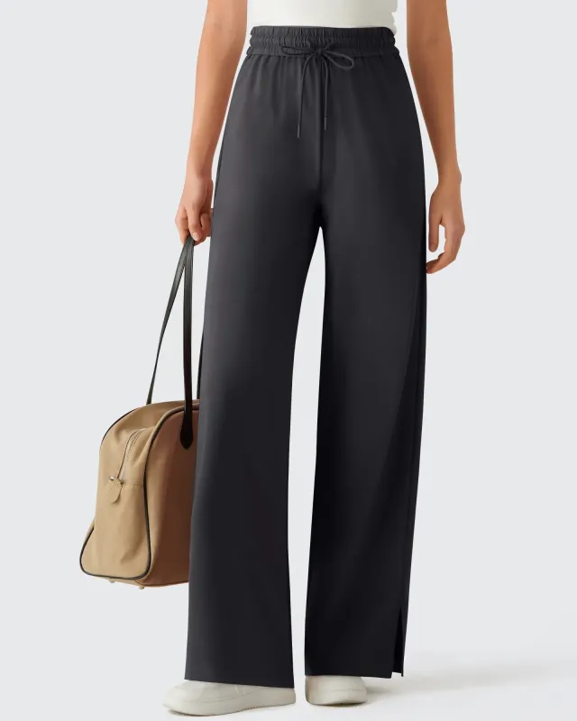 Chillwhisp Drawstring Side Slit Flowy Palazzo Wide Leg Pants made by G4free