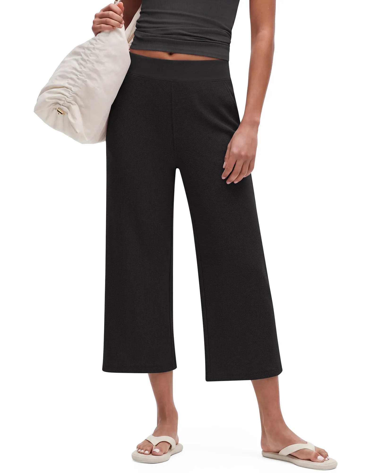 G4Free Waffle Wide Leg Capri Pants Cropped Sweatpants sold by G4free