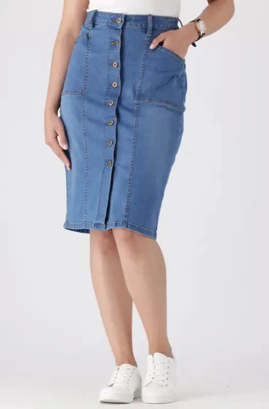 Camden Button Through Denim Skirt _ 143098 _ Mid Wash sold by Dunns