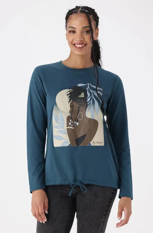 Carlie Drawcord Graphic Tee _ 149384 _ Teal sold by Dunns