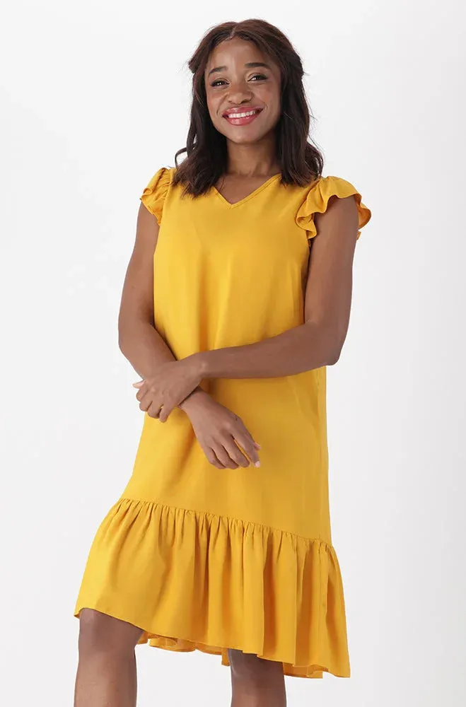 Carla Flutter Sleeve Dress _ 151175 _ Ocre sold by Dunns