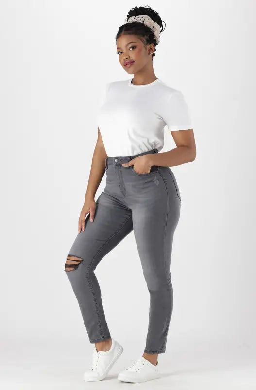 Lara High Rise Rip And Repair Skinny _ 142233 _ Grey Wash sold by Dunns product image thumbnail 5