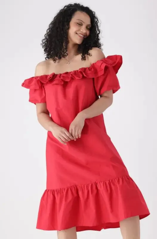 Mariah Off Shoulder Dress _ 144717 _ Red sold by Dunns
