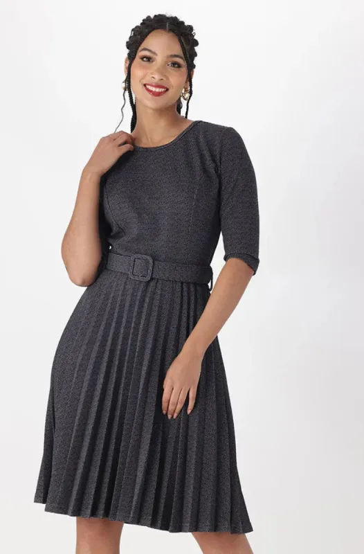 Gia Belted Pleat Dress _ 149466 _ Grey sold by Dunns