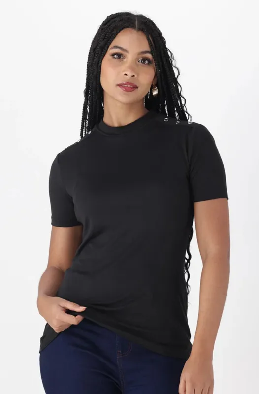 TIA BUTTON DETAIL TURTLENECK TOP  _ 150314 _ Black sold by Dunns