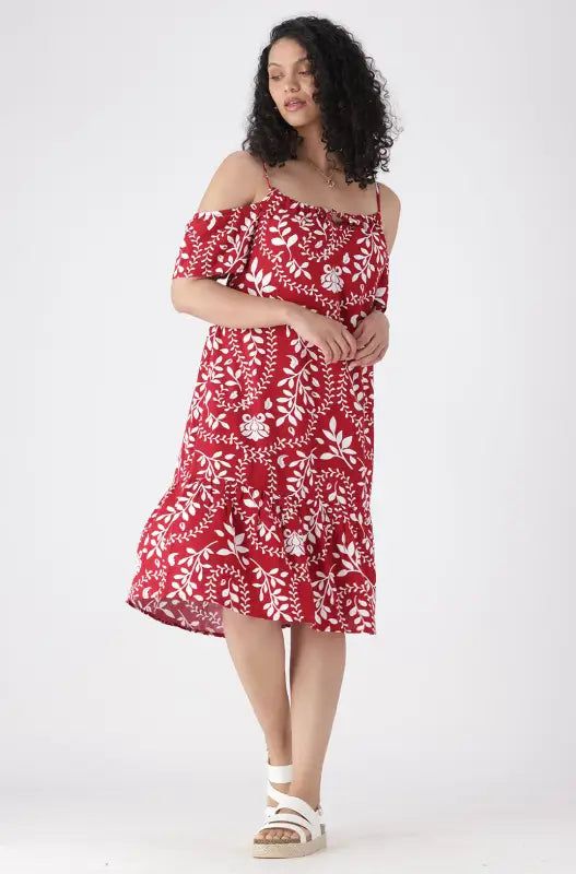 Carla Printed Cold Soulder Frill Dress _ 144246 _ Red sold by Dunns product image thumbnail 4