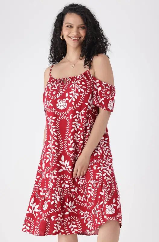 Carla Printed Cold Soulder Frill Dress _ 144246 _ Red sold by Dunns