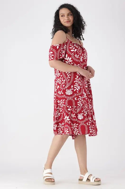Carla Printed Cold Soulder Frill Dress _ 144246 _ Red sold by Dunns product image thumbnail 5