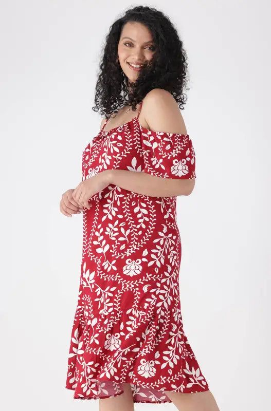 Carla Printed Cold Soulder Frill Dress _ 144246 _ Red sold by Dunns product image thumbnail 2