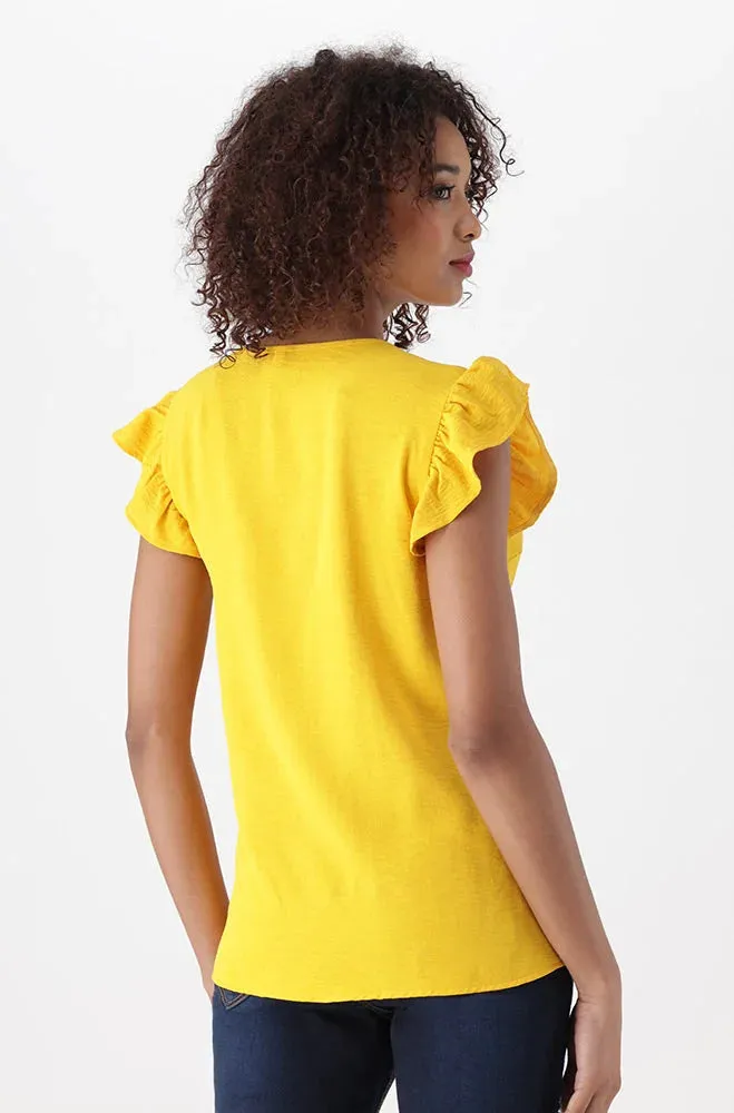 NIKKI LINEN BUTTON FLUTTER SLEEVE TOP _ 151795 _ Ocre sold by Dunns product image thumbnail 2