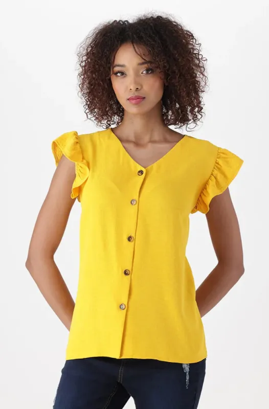 NIKKI LINEN BUTTON FLUTTER SLEEVE TOP  _ 151795 _ Ocre sold by Dunns
