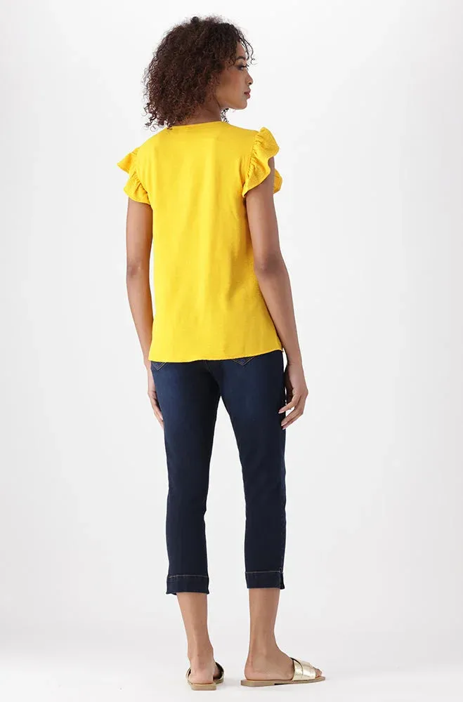 NIKKI LINEN BUTTON FLUTTER SLEEVE TOP _ 151795 _ Ocre sold by Dunns product image thumbnail 5