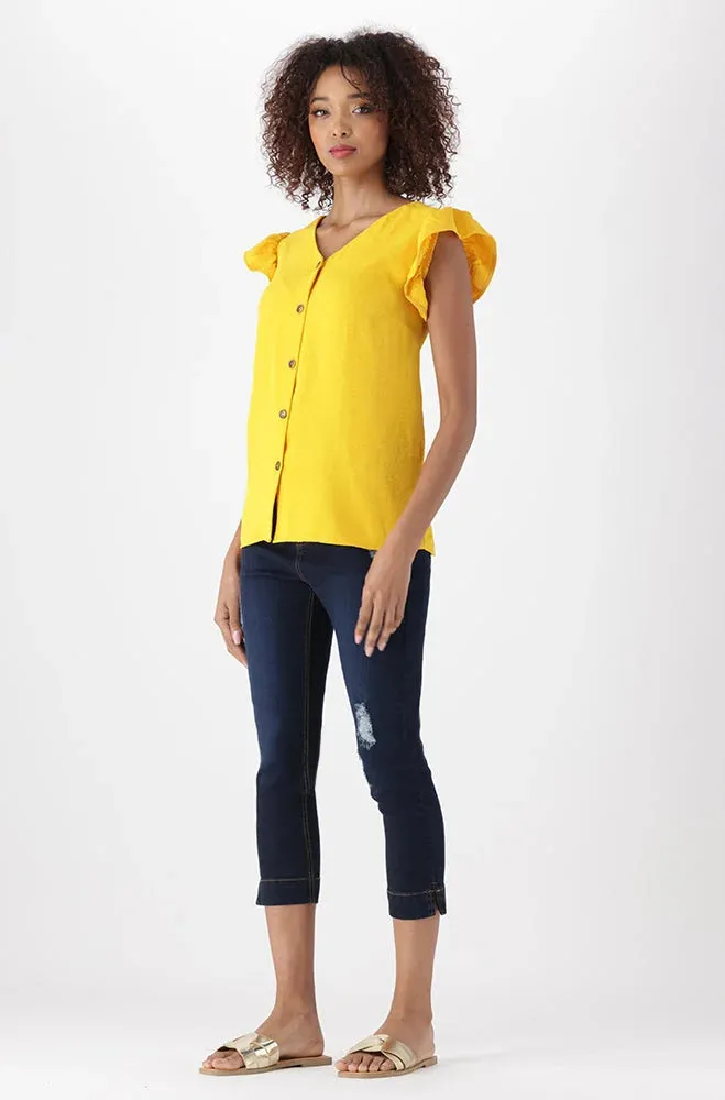 NIKKI LINEN BUTTON FLUTTER SLEEVE TOP _ 151795 _ Ocre sold by Dunns product image thumbnail 4