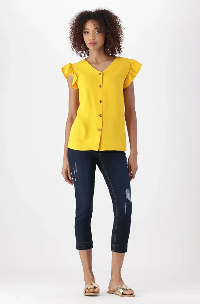 NIKKI LINEN BUTTON FLUTTER SLEEVE TOP _ 151795 _ Ocre sold by Dunns product image thumbnail 3