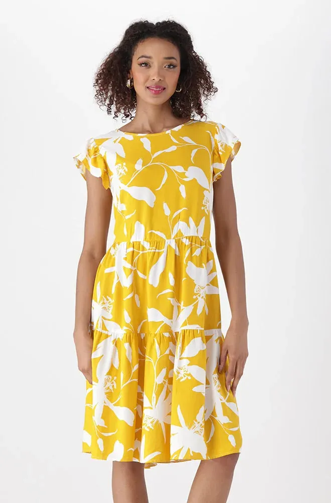 CARLA FLUTTER SLEEVE DRESS _ 151178 _ Ocre sold by Dunns