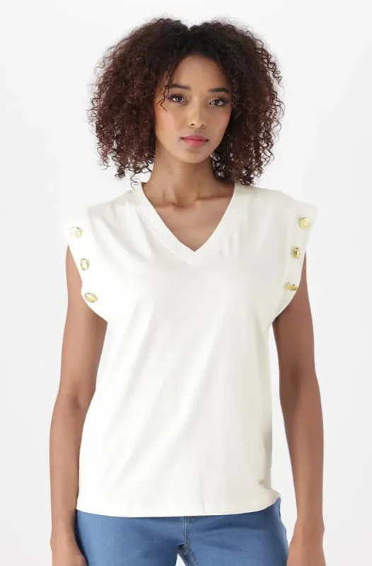 GRACE V NECK MAGYAR SLEEVE WITH BUTTON DETAIL  _ 150488 _ Milk made by Dunns