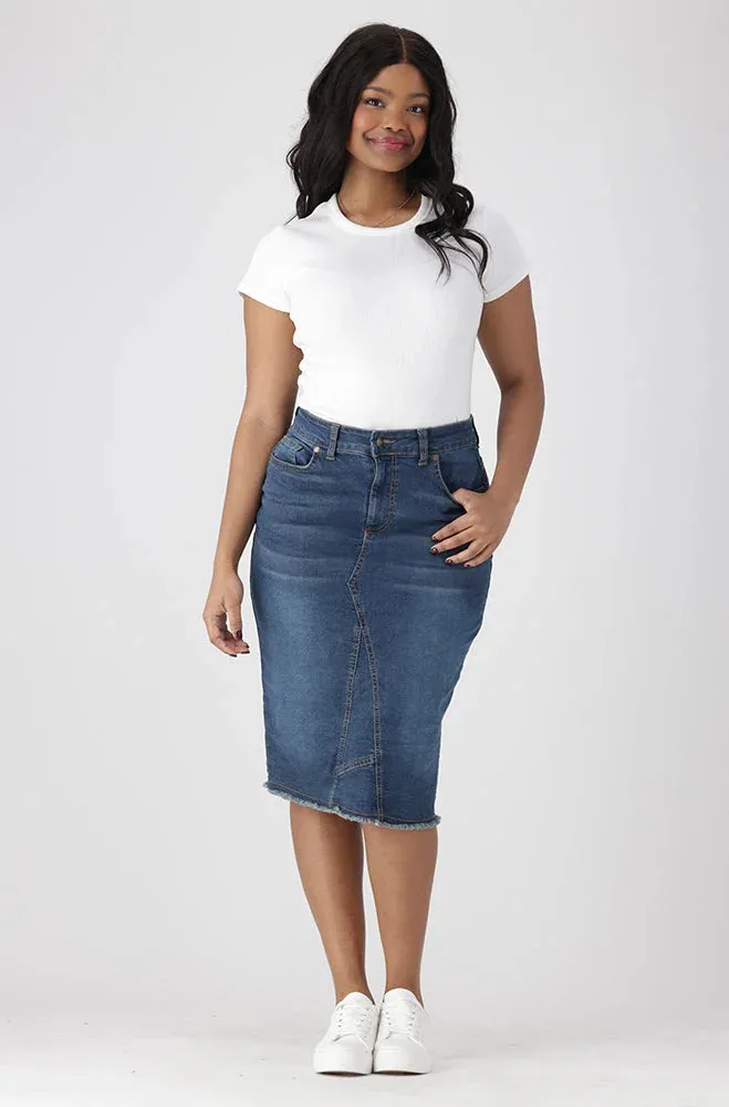 Tara Raw Hem Denim Skirt _ 151685 _ Dark Wash sold by Dunns product image thumbnail 4