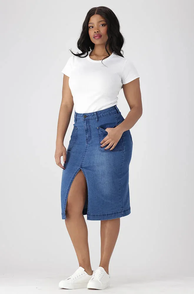 Demi Front Slit Denim Skirt _ 151338 _ Mid Wash sold by Dunns product image thumbnail 4