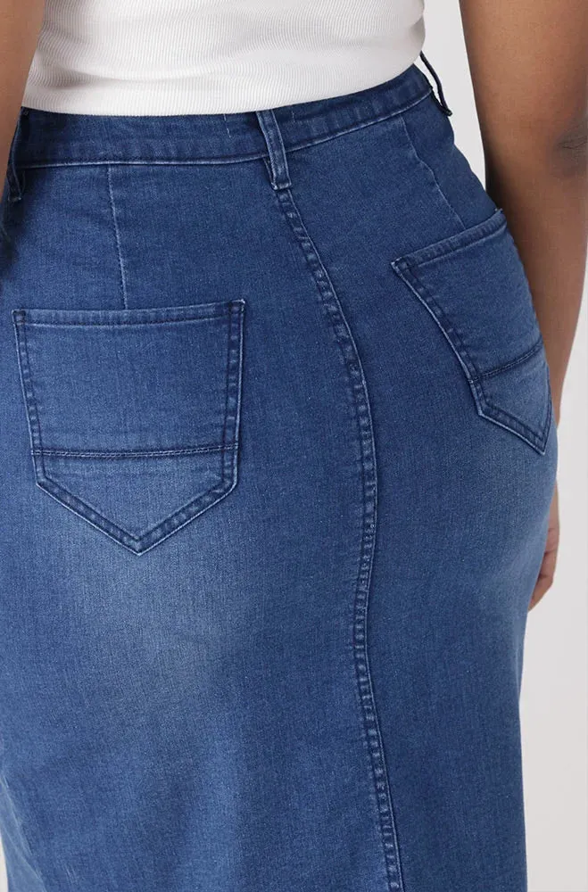 Demi Front Slit Denim Skirt _ 151338 _ Mid Wash sold by Dunns product image thumbnail 3