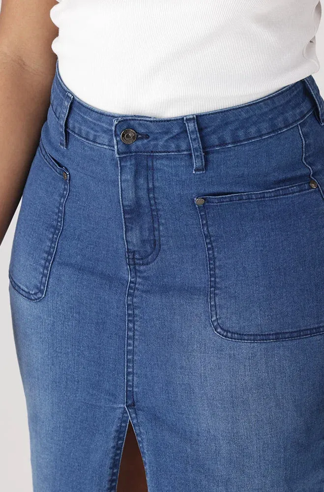 Demi Front Slit Denim Skirt _ 151338 _ Mid Wash sold by Dunns product image thumbnail 2