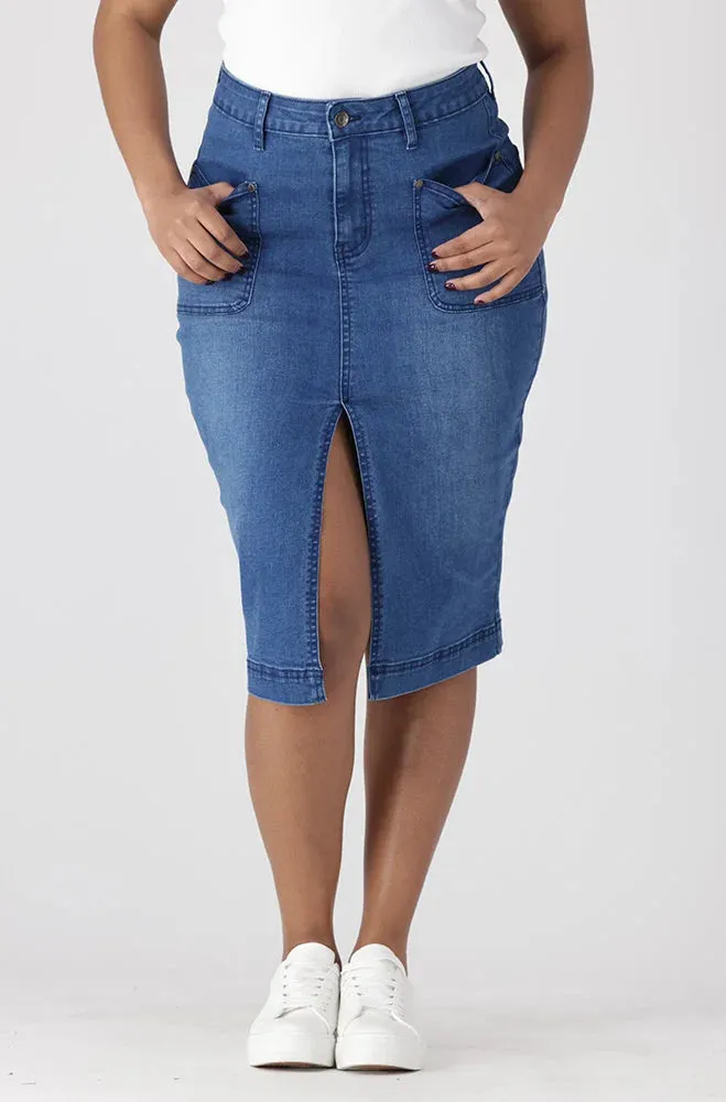 Demi Front Slit Denim Skirt _ 151338 _ Mid Wash sold by Dunns