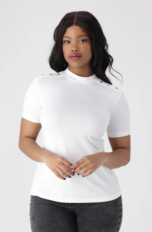 Cleo Turtle Neck Button Top _ 154183 _ White sold by Dunns