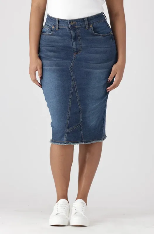 Tara Raw Hem Denim Skirt _ 151685 _ Dark Wash sold by Dunns