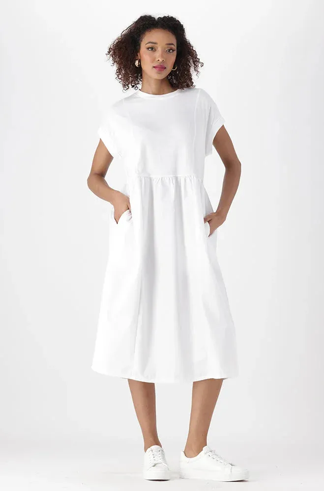 ANNA KNIT AND WOVEN COMBO DRESS _ 151320 _ White sold by Dunns