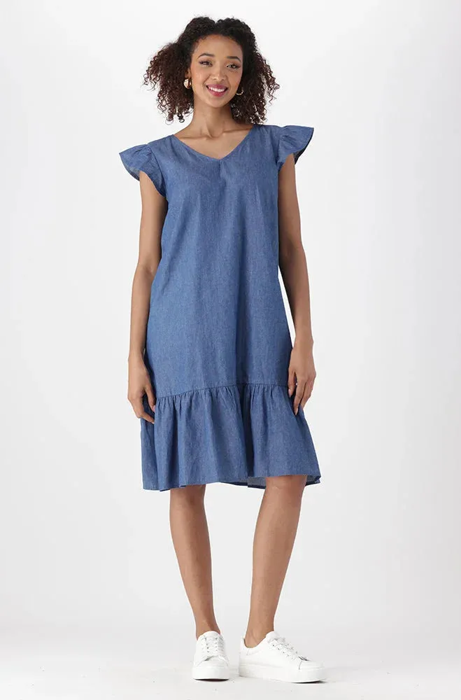 Tamia Flutter Denim Dress _ 151716 _ Mid Wash sold by Dunns