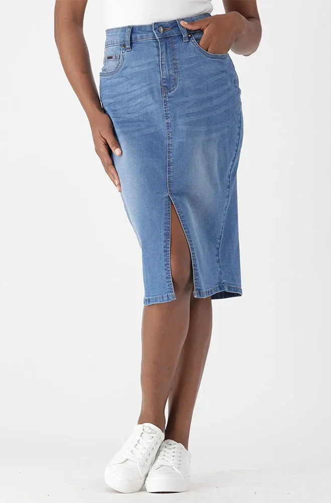 Demi Front Slit Denim Skirt _ 151337 _ Mid Wash sold by Dunns