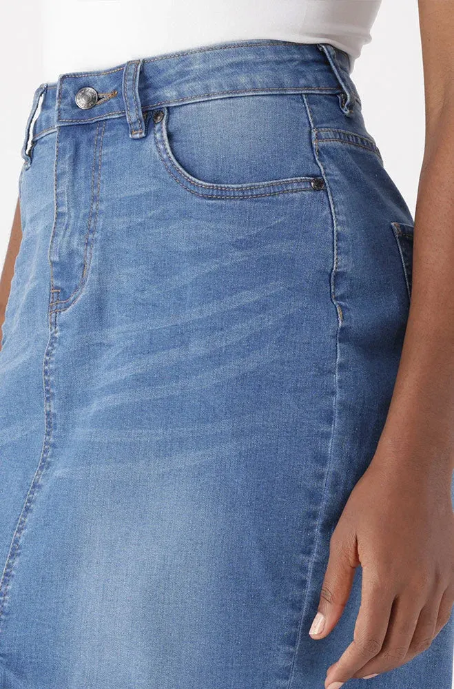 Demi Front Slit Denim Skirt _ 151337 _ Mid Wash sold by Dunns product image thumbnail 2