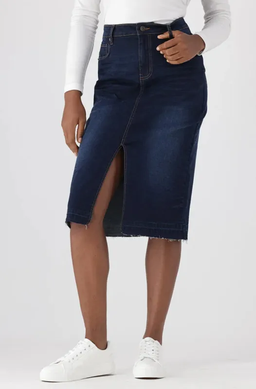 Tara Unclipped Hem Denim Skirt _ 148451 _ Dark Wash sold by Dunns