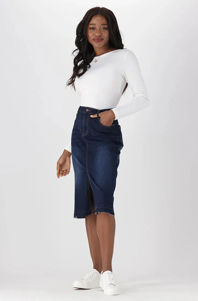 Tara Unclipped Hem Denim Skirt _ 148451 _ Dark Wash sold by Dunns product image thumbnail 4