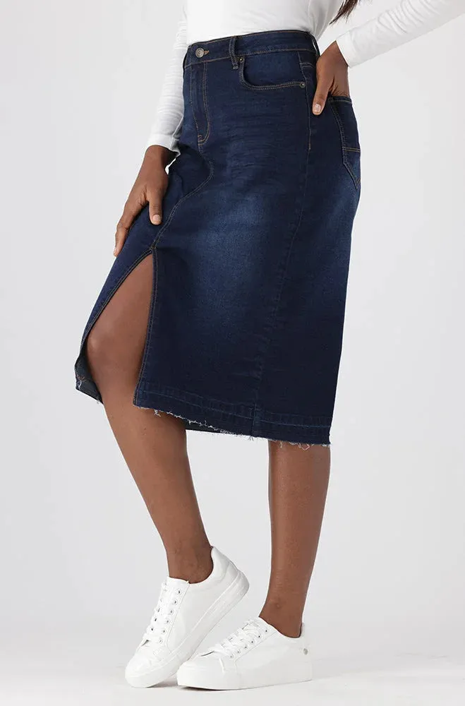 Tara Unclipped Hem Denim Skirt _ 148451 _ Dark Wash sold by Dunns product image thumbnail 2