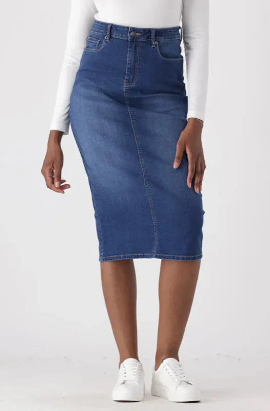 Julia Longer Length Denim Skirt _ 148480 _ Mid Wash sold by Dunns